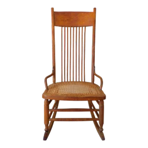 Antique Early 20th Century Solid Oak Wood & Cane Seat Rocking Chair Rocker