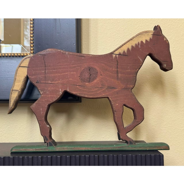 Farmhouse Vintage Folk Art Americana Painted Horse Figurine, Maroon & Forest Green For Sale - Image 3 of 11