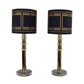 1970s Modern Hollywood Regency Lamps Lucite & Brass Plate Black With Shades Style Karl Springer - A Pair For Sale