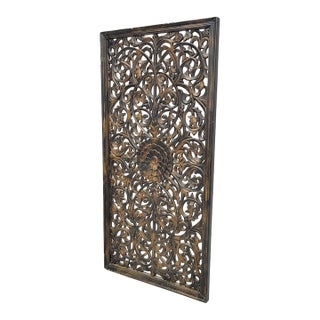 Transitional Style Hand Carved Solid Wood 71" Tall Lattice Fretwork Panel in Distressed Black Finish For Sale