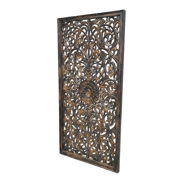 Transitional Style Hand Carved Solid Wood 71" Tall Lattice Fretwork Panel in Distressed Black Finish For Sale
