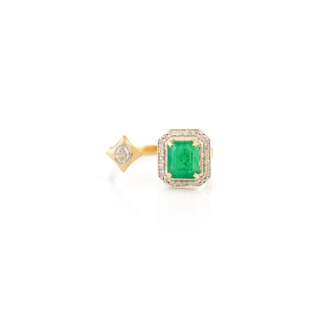 Art Deco 18k Gold Open Diamond Emerald Bypass Ring Size 5 For Sale - Image 3 of 12