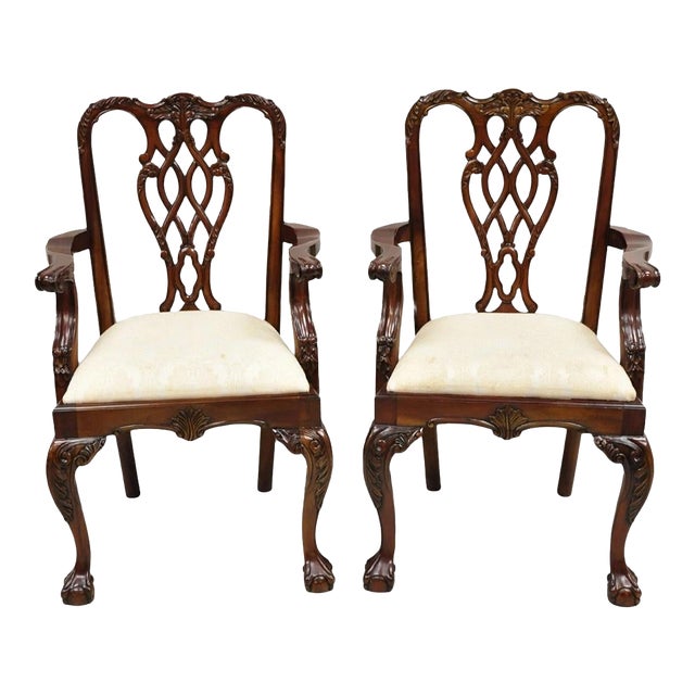 English Chippendale Style Carved Mahogany Ball & Claw Dining Arm Chairs - A Pair For Sale