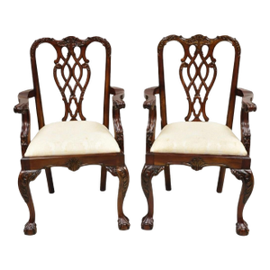 English Chippendale Style Carved Mahogany Ball & Claw Dining Arm Chairs - A Pair
