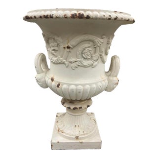 Vintage Neoclassical Cast Iron Garden Urn With Ram's Head Handles For Sale