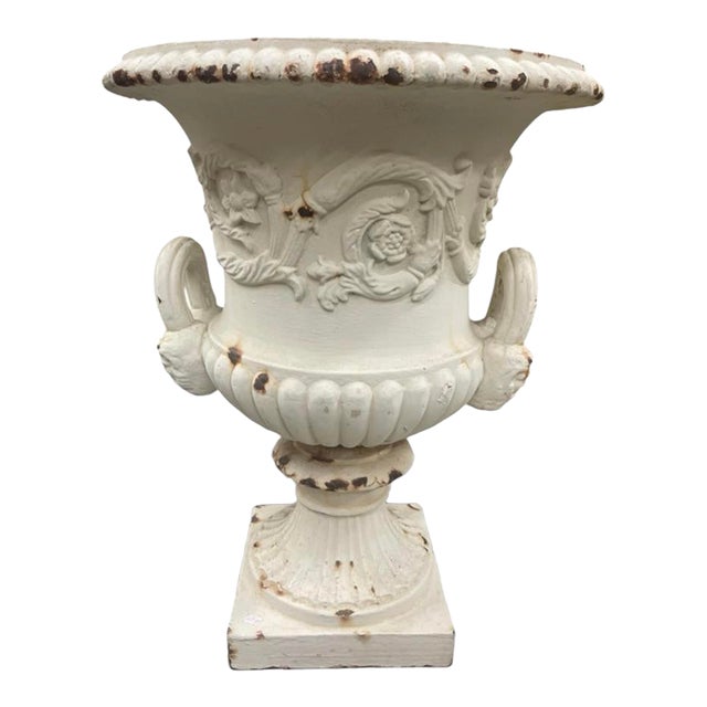 Vintage Neoclassical Cast Iron Garden Urn With Ram's Head Handles For Sale