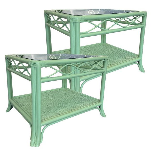 Mid-Century Modern Vintage Coastal Rattan & Glass Side Tables For Sale - Image 3 of 8