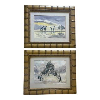 2 African Safari Watercolors. Zebras and Giraffes. Signed. Faux Bamboo Frames For Sale