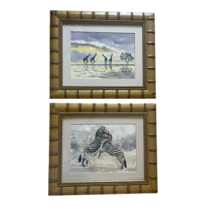 2 African Safari Watercolors. Zebras and Giraffes. Signed. Faux Bamboo Frames