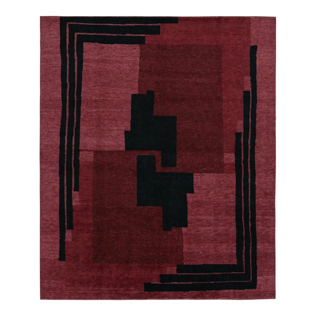 Rug & Kilim’s French Art Deco Style Rug in Red With Black Geometric Patterns For Sale