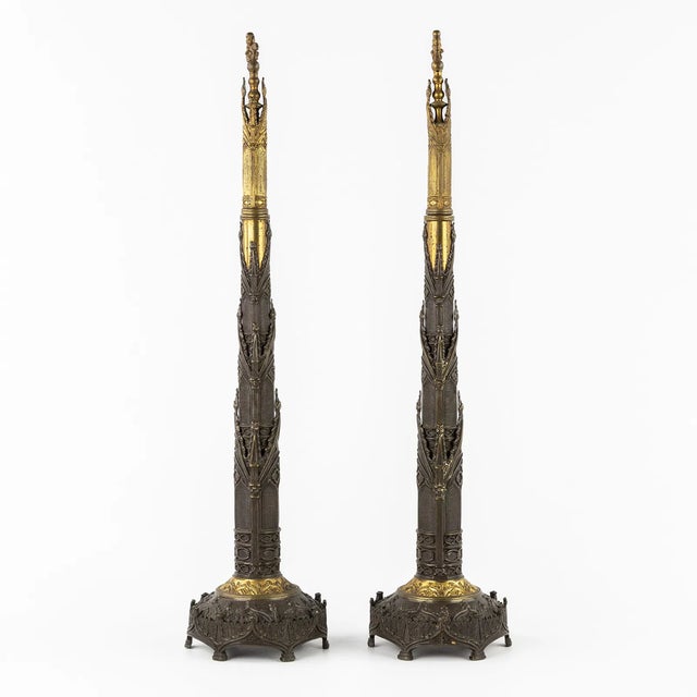 Metal Pair of Antique Victorian Gothic Revival Gilt & Patinated Bronze Chimney Ornaments For Sale - Image 7 of 8