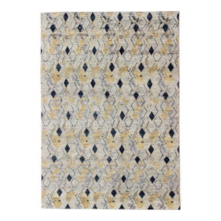 Hand Knotted Wool Modern Rug With Diamond Design in Yellow and Blue For Sale