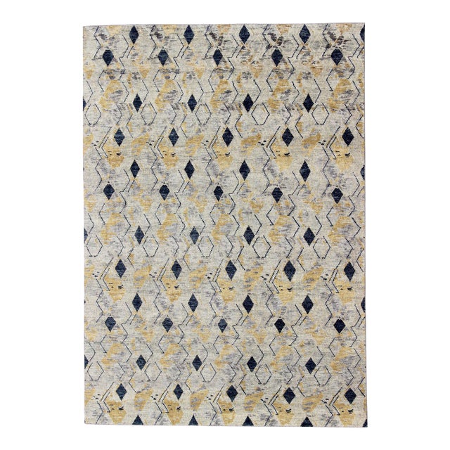 Hand Knotted Wool Modern Rug With Diamond Design in Yellow and Blue For Sale