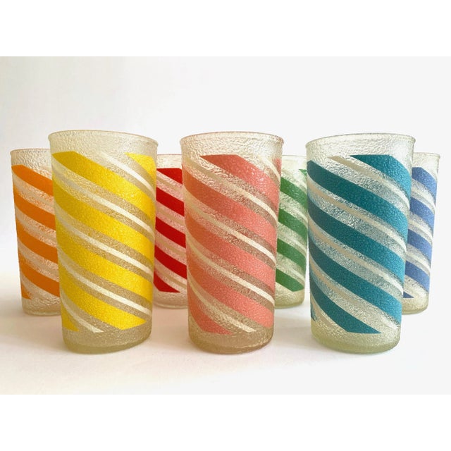 Vintage Mid Century Modern Candy Stripe Multicolor Frosted Tumbler Glasses- Set of 7 For Sale - Image 12 of 13