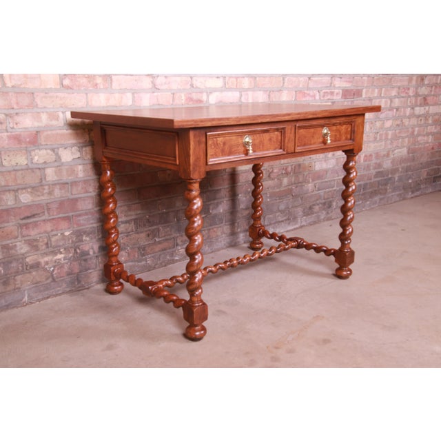 Baker Furniture Company Baker Furniture English Oak and Burl Wood Barley Twist Writing Desk, Newly Refinished For Sale - Image 4 of 13