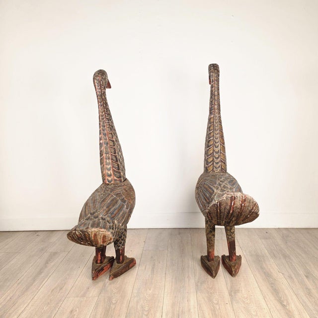 Pair of Thai Carved and Painted Wooden Geese, Circa 1900 For Sale - Image 4 of 13