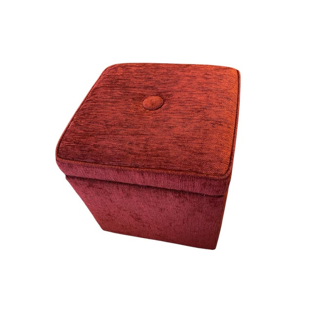 Classic pair of Ethan Allen upholstered cube storage ottomans, each featuring a lift-top lid with hidden interior storage...