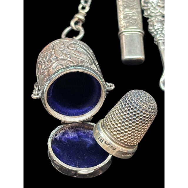 Late 19th Century Victorian Jewelry Chatelaine With Five Notions/Accessories Hallmarked English Sterling For Sale - Image 5 of 16