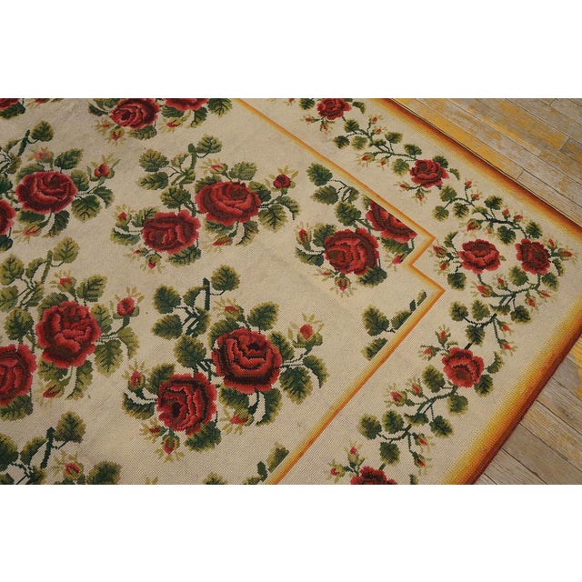 Late 19th Century 1890s Ivory Roses Floral Antique English Needlepoint Rug 6'10" X 7'6" Flatweave Wool Carpet For Sale - Image 5 of 6