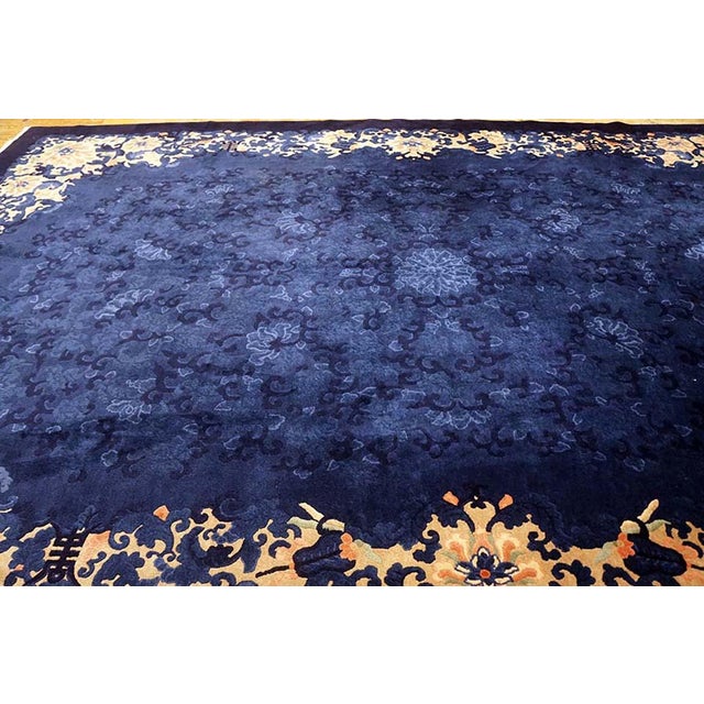 1920s Traditional Floral Antique Chinese Peking Wool Blue Hand Knotted Rug For Sale - Image 10 of 11