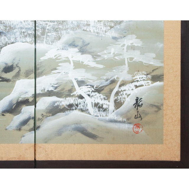 1960s Shōwa Era Japanese Silk Byobu Screen "Mountain Landscape in Winter" For Sale - Image 14 of 18
