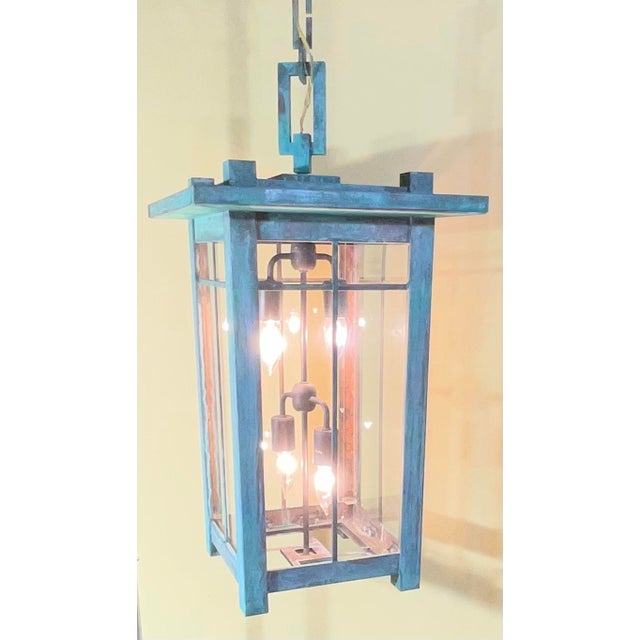 Stunning Large Arts & Crafts / Mission Style Solid Copper Pendant Lantern Light For Sale In Miami - Image 6 of 18