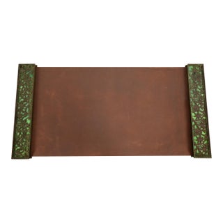 Apollo Studios New York Arts & Crafts Grapevine Pattern Bronze and Slag Glass Blotter Ends With Leather Desk Blotter For Sale