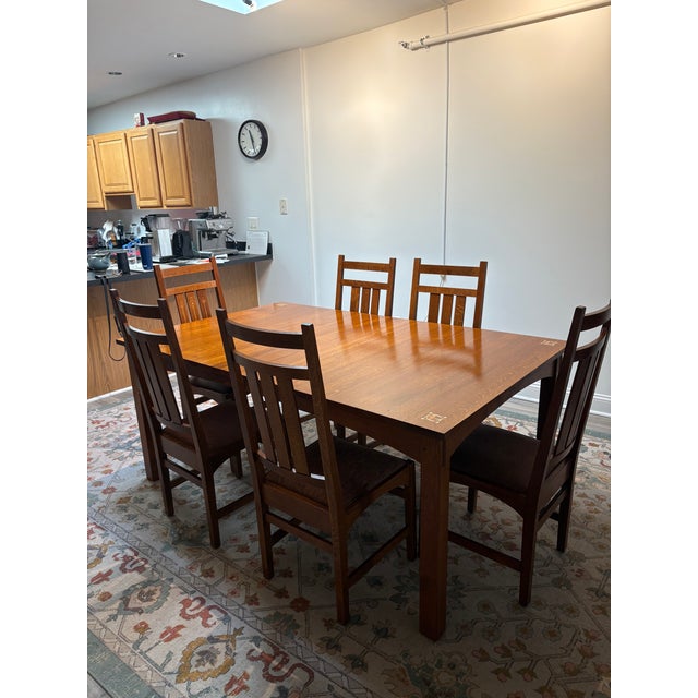 Brown Stickley Harvey Ellis Dining Table With Inlays and Chairs For Sale - Image 8 of 9