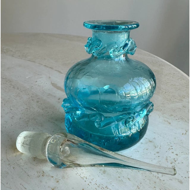 1960s 1960s Turquoise Blue Blenko or Empoli Style Crackle Glass Bottle With Stopper For Sale - Image 5 of 8