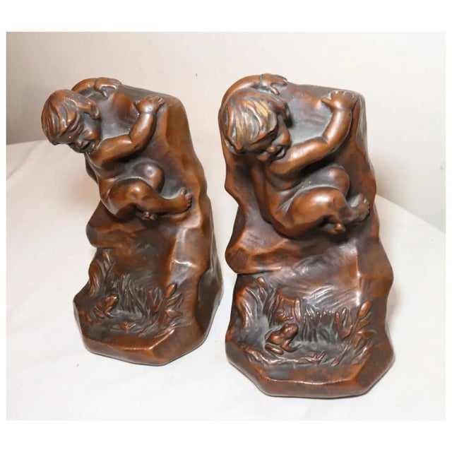 Large Pair of Antique Armor Patinated Bronze Clad Co. Nude Cherub Frog Bookends For Sale In New York - Image 6 of 12