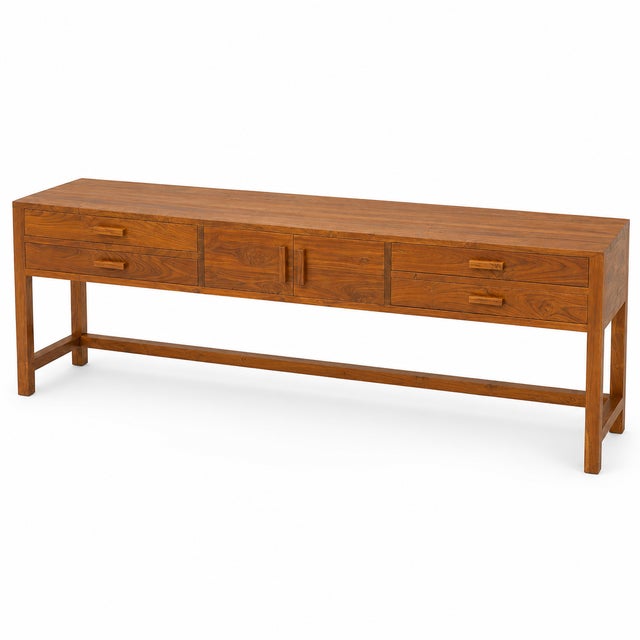 Monumental solid wood credenza / media console with a striking Organic Modern architectural design. At a full 96” long,...