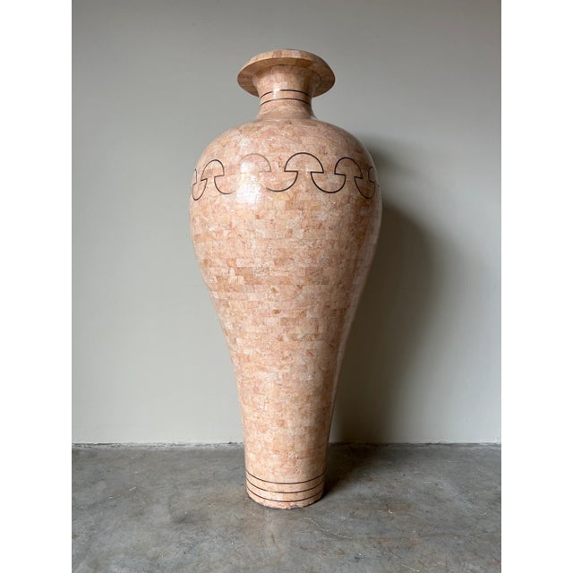 Metal Overscale Maitland Smith - Style Tessellated Stone and Brass Inlaid Floor Vase/ Sold For Sale - Image 7 of 13