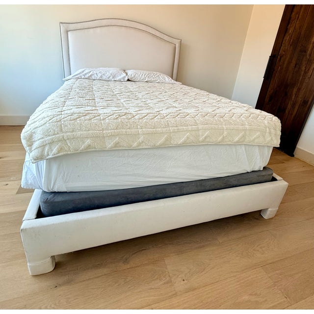 Textile Ethan Allen Ivory Upholstered Queen Bed With Nailhead Trim For Sale - Image 7 of 8