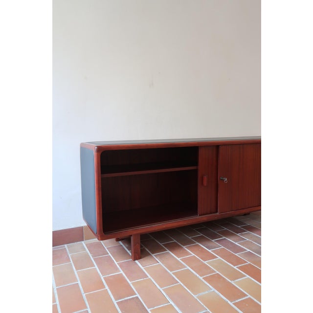 1970s Teak Sideboard with Sliding Doors and Black Vinyl Top, 1970s For Sale - Image 5 of 18