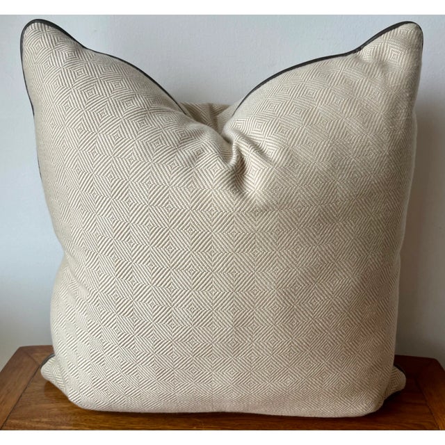 Custom Beige Wool Twill Pillow-Leather Trim-Feather Insert-20" For Sale In New York - Image 6 of 8