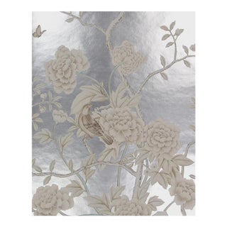 Luxury Hand Painted Silver Foil Wallpaper With Floral & Bird Design, Elegant Chinoiserie Botanical Wallcovering, Custom Oriental Interior Mural For Sale