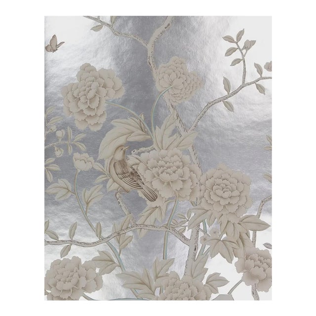Luxury Hand Painted Silver Foil Wallpaper With Floral & Bird Design, Elegant Chinoiserie Botanical Wallcovering, Custom Oriental Interior Mural For Sale