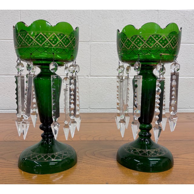 Antique C 1880-1900 Victorian Bohemian Emerald Green Glass Mantle Lustres - Pair For Sale - Image 9 of 14