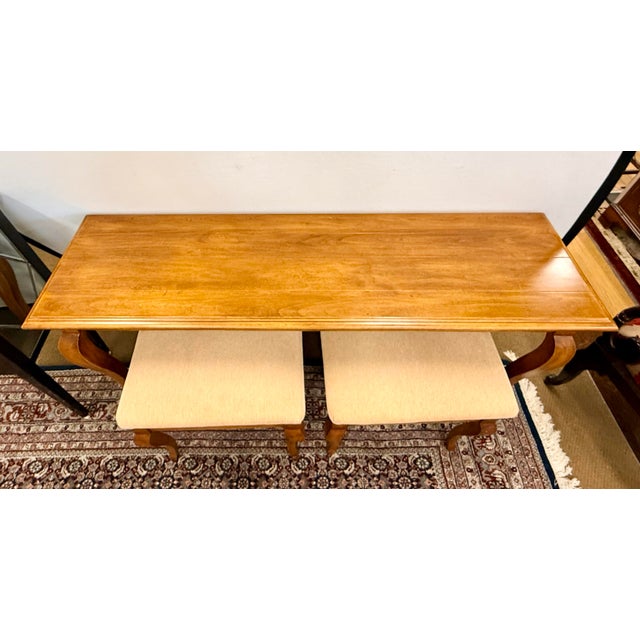 Late 20th Century Cabriole Leg Wood Console Table With Pair of Upholstered Benches 3 Pc. For Sale - Image 5 of 6