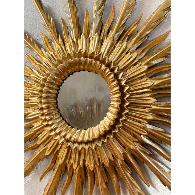 Pair of Mid 20th Century Sunburst Carved Golden Mirrors For Sale - Image 6 of 14