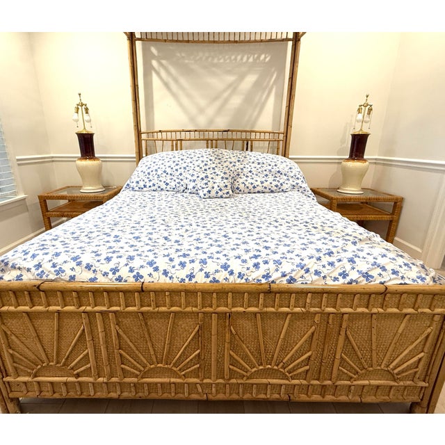 Chinese Chippendale fretwork Queen size bed frame. Attrib to Vivia del Sud. Features grasscloth and bamboo covered...