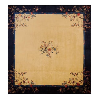 1920s Beige Open Field Medallion Antique Chinese Peking Knotted Wool Rug For Sale