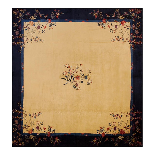 1920s Beige Open Field Medallion Antique Chinese Peking Knotted Wool Rug For Sale