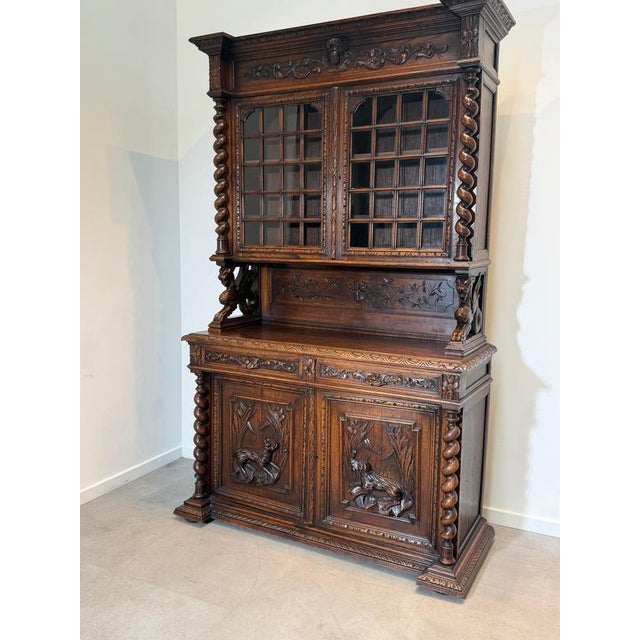 Antique Carved Oak Display Cabinet with Barley Twist Columns For Sale - Image 3 of 7