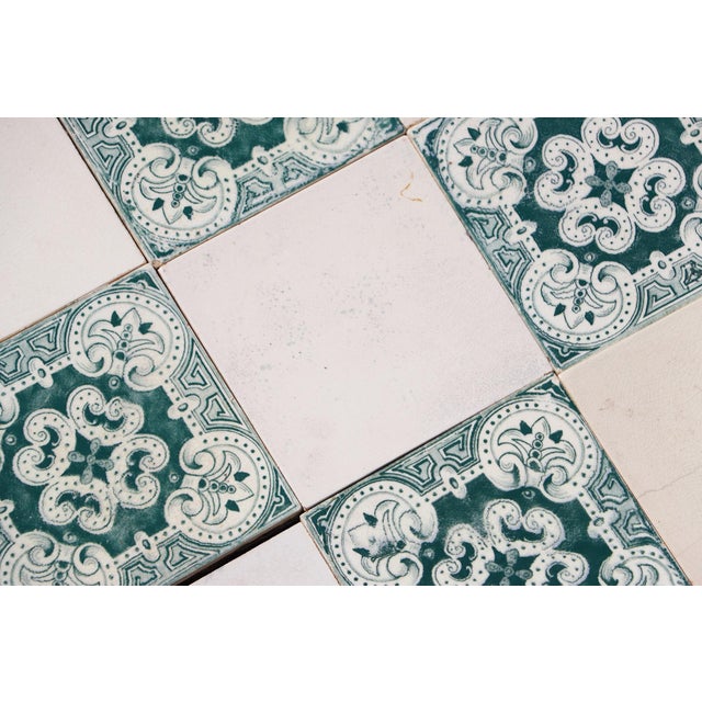 1920s Portuguese Art Deco Tiles Set of 32 Large Green & White Antique Decorative Tiles For Sale - Image 12 of 18