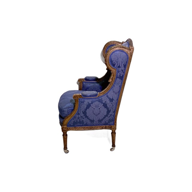 French 19th Century French Giltwood Wingback Chair with Blue Upholstery For Sale - Image 3 of 12