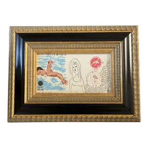 Contemporary Original Judy Henn Abstract Ink Drawing/Collage “First Day as a Swimmer “Framed