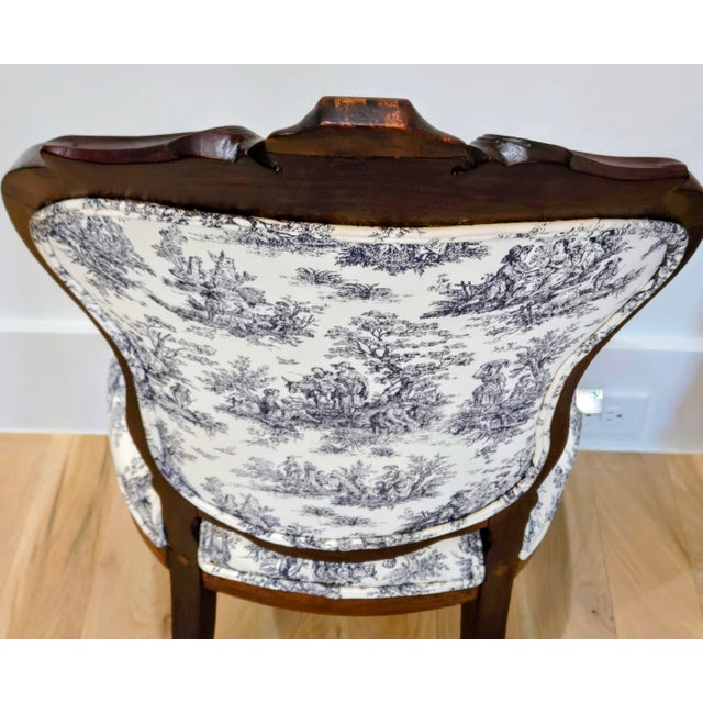 Wood Vintage French Country Carved Walnut Toile De Jouy Upholstered Accent Chair For Sale - Image 7 of 12