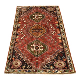 Qashqai Rug 3'9'' X 5'7'' Red Wool Vintage Tribal Hand-Knotted Oriental Carpet For Sale