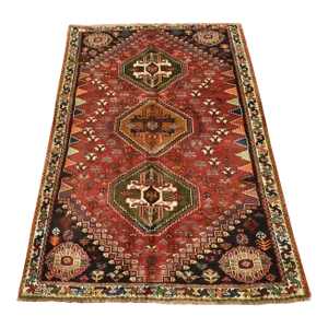 Qashqai Rug 3'9'' X 5'7'' Red Wool Vintage Tribal Hand-Knotted Oriental Carpet